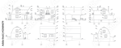 Detailed architectural technical drawing of a private building, vector blueprint