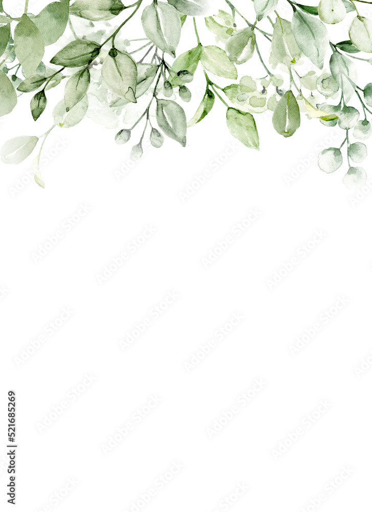Greeting card background with watercolor leaves, floral frame, hand painted. Isolated on white background.