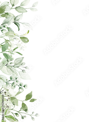 Greeting card background with watercolor leaves, floral frame, hand painted. Isolated on white background. © Larisa