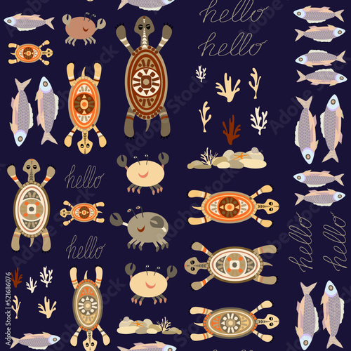 seamless pattern without background with colorful fish, crabs and turtles