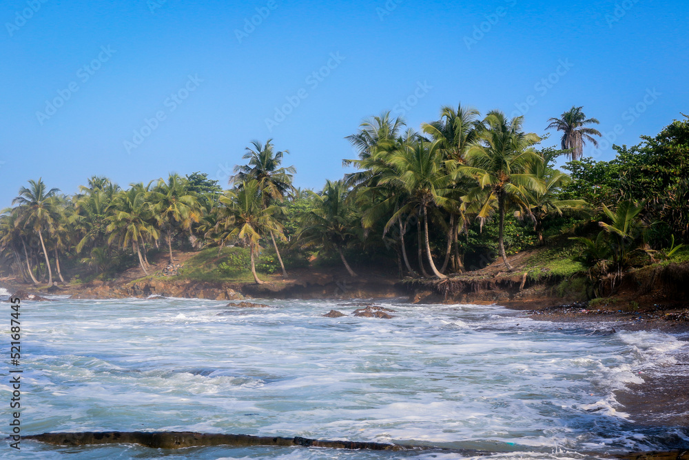 Amazing View to the Sandy Atlantic Coastline of Axim Beach in Ghana, West Africa Amazing View to the Sandy Atlantic Coastline of Axim Beach in Ghana, West Africa