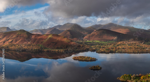 Beautiful landscape Autumn image of view from Walla Crag in Lake District, over Derwentwater looking towards Catbells and distant mountains with stunning Fall colors and light photo