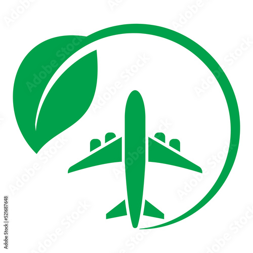 Electric plane icon. Airplane in green circle with a leaf. Aircraft powered by electricity. Green aviation concept Vector illustration.