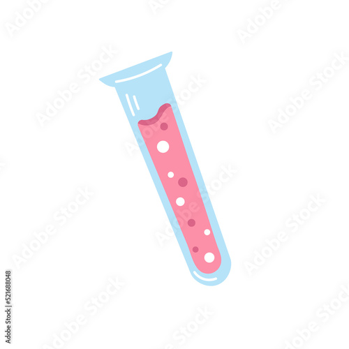 Vector cute test tube with pink liquid. Chemistry lesson. Back to school. Laboratory experiments.