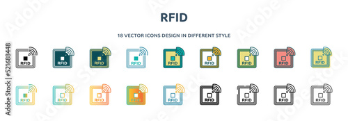 rfid icon in 18 different styles such as thin line, thick line, two color, glyph, colorful, lineal color, detailed, stroke and gradient. set of rfid vector for web, mobile, ui