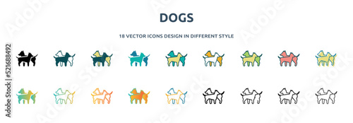 dogs icon in 18 different styles such as thin line, thick line, two color, glyph, colorful, lineal color, detailed, stroke and gradient. set of dogs vector for web, mobile, ui