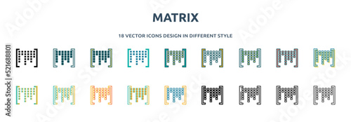 matrix icon in 18 different styles such as thin line, thick line, two color, glyph, colorful, lineal color, detailed, stroke and gradient. set of matrix vector for web, mobile, ui