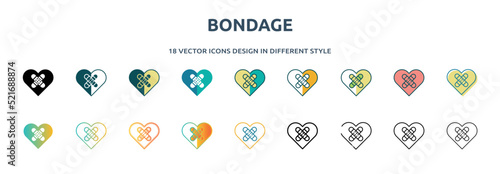 bondage icon in 18 different styles such as thin line, thick line, two color, glyph, colorful, lineal color, detailed, stroke and gradient. set of bondage vector for web, mobile, ui