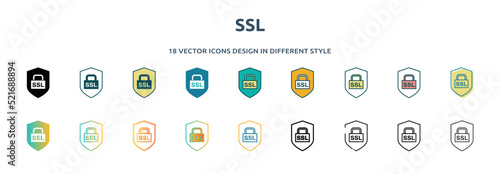 ssl icon in 18 different styles such as thin line, thick line, two color, glyph, colorful, lineal color, detailed, stroke and gradient. set of ssl vector for web, mobile, ui