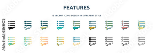 features icon in 18 different styles such as thin line, thick line, two color, glyph, colorful, lineal color, detailed, stroke and gradient. set of features vector for web, mobile, ui