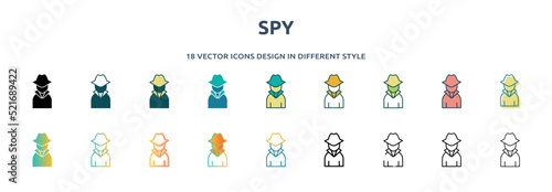 spy icon in 18 different styles such as thin line, thick line, two color, glyph, colorful, lineal color, detailed, stroke and gradient. set of spy vector for web, mobile, ui