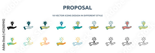 proposal icon in 18 different styles such as thin line, thick line, two color, glyph, colorful, lineal color, detailed, stroke and gradient. set of proposal vector for web, mobile, ui