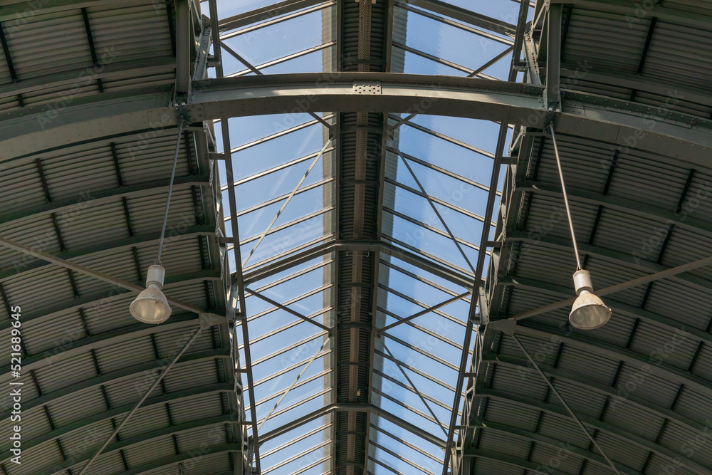 Skylight with light in an old train depot, roof background