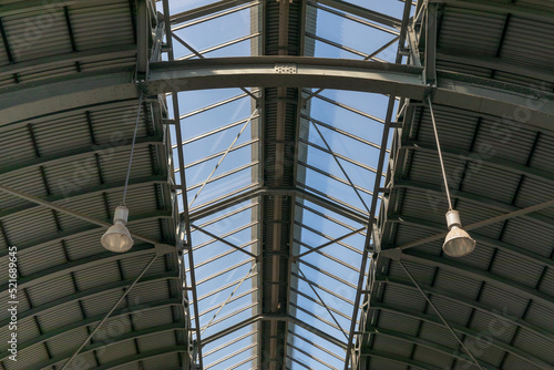 Skylight with light in an old train depot, roof background