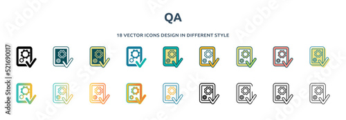 qa icon in 18 different styles such as thin line, thick line, two color, glyph, colorful, lineal color, detailed, stroke and gradient. set of qa vector for web, mobile, ui