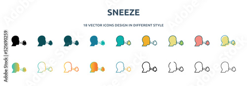 sneeze icon in 18 different styles such as thin line, thick line, two color, glyph, colorful, lineal color, detailed, stroke and gradient. set of sneeze vector for web, mobile, ui