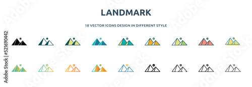 landmark icon in 18 different styles such as thin line, thick line, two color, glyph, colorful, lineal color, detailed, stroke and gradient. set of landmark vector for web, mobile, ui