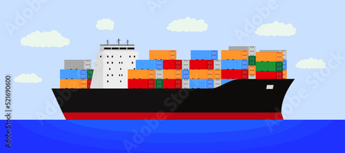 Vector image of a ship with cargo. A container ship transports goods by sea. Transportation by sea. Logistics. Vector illustration. EPS 10