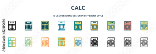 calc icon in 18 different styles such as thin line, thick line, two color, glyph, colorful, lineal color, detailed, stroke and gradient. set of calc vector for web, mobile, ui photo