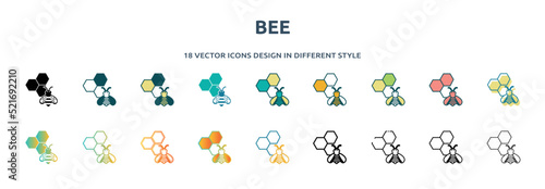 bee icon in 18 different styles such as thin line, thick line, two color, glyph, colorful, lineal color, detailed, stroke and gradient. set of bee vector for web, mobile, ui