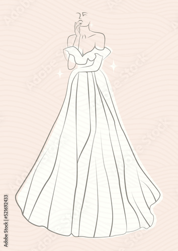 Linear bride in beautiful long dress. Sketch logo silhouette