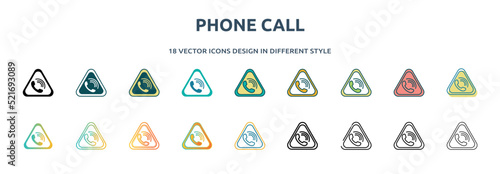 phone call icon in 18 different styles such as thin line, thick line, two color, glyph, colorful, lineal color, detailed, stroke and gradient. set of phone call vector for web, mobile, ui
