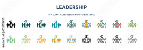 leadership icon in 18 different styles such as thin line, thick line, two color, glyph, colorful, lineal color, detailed, stroke and gradient. set of leadership vector for web, mobile, ui