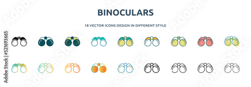 binoculars icon in 18 different styles such as thin line, thick line, two color, glyph, colorful, lineal color, detailed, stroke and gradient. set of binoculars vector for web, mobile, ui