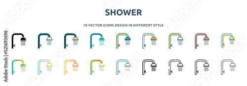 shower icon in 18 different styles such as thin line, thick line, two color, glyph, colorful, lineal color, detailed, stroke and gradient. set of shower vector for web, mobile, ui