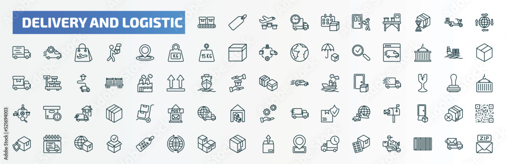 special lineal delivery and logistic icons set. outline icons such as conveyor, delivery date, distribution, tracking, logistic ship, boxes, postbox, delivery day, packages, list line icons.