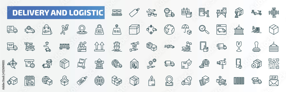 special lineal delivery and logistic icons set. outline icons such as conveyor, delivery date, distribution, tracking, logistic ship, boxes, postbox, delivery day, packages, list line icons. special lineal delivery and logistic icons set. outline icons such as conveyor, delivery date, distribution, tracking, logistic ship, boxes, postbox, delivery day, packages, list line icons.
