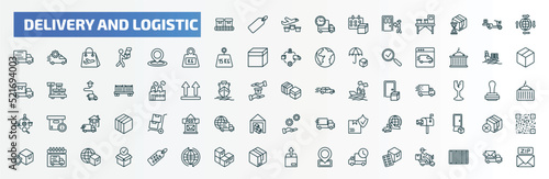 special lineal delivery and logistic icons set. outline icons such as conveyor, delivery date, distribution, tracking, logistic ship, boxes, postbox, delivery day, packages, list line icons.