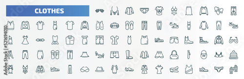 special lineal clothes icons set. outline icons such as shutter sunglasses  t shirt with de  boyfriend low jean  t-shirt  slim fit pants  cocktail dress  tie  lingerie  men hat  ballets flats line