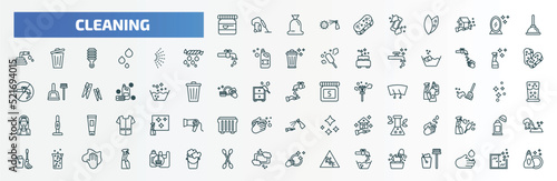 special lineal cleaning icons set. outline icons such as baking soda, sponges, plunger, spray, glass cleaner, hand wash, washing hand, hard water, tampon cleanin, washing clothes line icons.