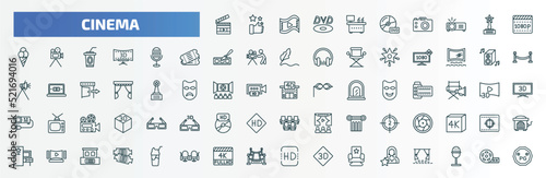 special lineal cinema icons set. outline icons such as movie clapper open, cinema snack bar, 1080p full hd, movie microphone, loud woofer box, movie theater, camera lens, home theater, 4k fullhd,
