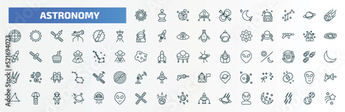 special lineal astronomy icons set. outline icons such as black hole, pulsar, meteorite falling, gamma ray, observatory, big ufo, astronomy, capsule parachute, big satellite, alien line icons.