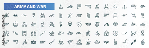 special lineal army and war icons set. outline icons such as fighter plane, conscription, assault, soldier, dog tag, plane, chamber, gun, gas mask, air force line icons.