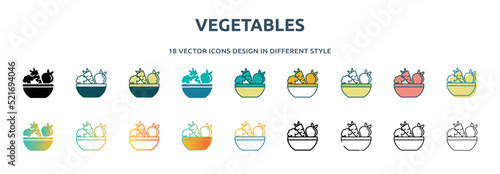 vegetables icon in 18 different styles such as thin line, thick line, two color, glyph, colorful, lineal color, detailed, stroke and gradient. set of vegetables vector for web, mobile, ui