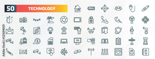 set of 50 special lineal technology icons. outline icons such as domestic, digital pen, camera shutter, ventilator, light on, safe shield protection, receive money message, open laptop, panoramic,