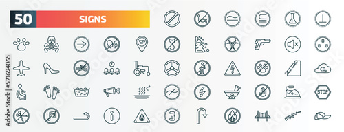 set of 50 special lineal signs icons. outline icons such as forbidden, perpendicular, coffee shop, mute, waiting room, no pets, washing, phary, no music, u turn line icons.
