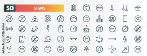 set of 50 special lineal signs icons. outline icons such as traffic, lost items, no shower, smarthphone, hoist, traffic, no bleaching, power button, identical to, marijuana line icons.
