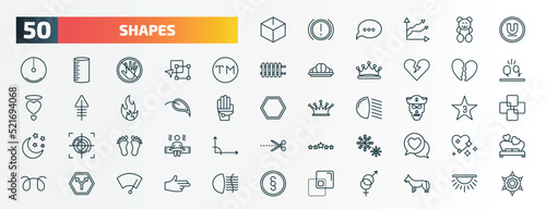 set of 50 special lineal shapes icons. outline icons such as blank cube, undelined, trademark, broken heart, elliptic, sailor skull, human foot prints, two snow flakes, y shaped intersection, minus