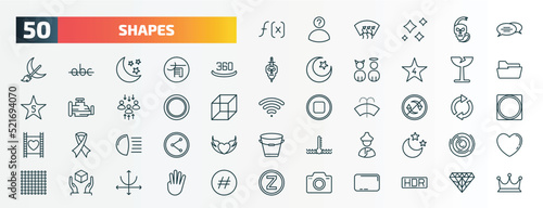 set of 50 special lineal shapes icons. outline icons such as function, oval speech bubble, 360, breakeable, blank circle, non recyclable, high beam, mongolian, handle with care, foto line icons.
