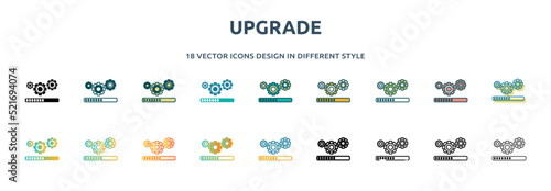 upgrade icon in 18 different styles such as thin line, thick line, two color, glyph, colorful, lineal color, detailed, stroke and gradient. set of upgrade vector for web, mobile, ui
