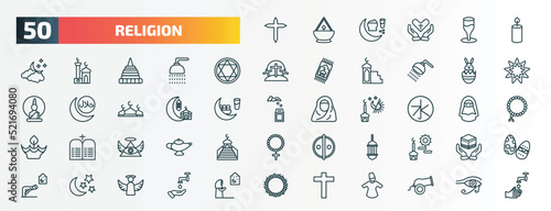set of 50 special lineal religion icons. outline icons such as cross, candle, blasphemy, easter bunny, islamic ramadan, confucianism, god, arabic lamp, star and crescent moon, christian line icons.