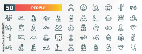 set of 50 special lineal people icons. outline icons such as muslim man, old couple, bussiness man, sickness, sujud, effort, chilean, cough, mexican woman, mother and baby line icons.