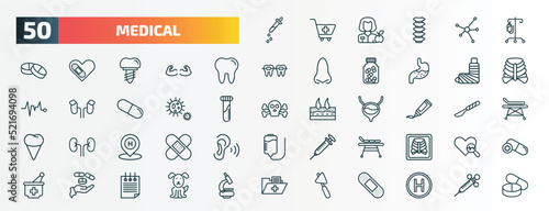 set of 50 special lineal medical icons. outline icons such as eye dropper, perfusion, molar tooth, plastered foot, bacteria, ointment, hospital placeholder, table of treatments, drugs, medical