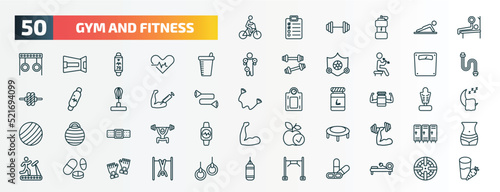 set of 50 special lineal gym and fitness icons. outline icons such as riding bicycle, press, protein shake, scale, steroids, protein, athletic strap, trampoline, pill and tablet, training apparatus