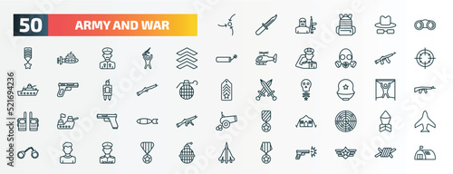 set of 50 special lineal army and war icons. outline icons such as strategy, binoculars, chevrons, , bayonet on rifle, military helmet, gun, militar tent, civilian, condecoration line icons.