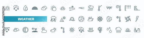 set of 40 special lineal weather icons. outline icons such as foggy day  eclipse  farenheit  drizzle  snow  icicle  daytime  temperature  smog  earthquake line icons.